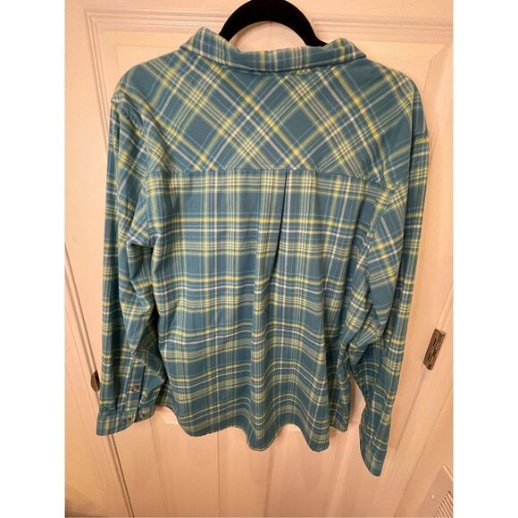 Cabela’s women’s 2XL flannel button up teal yellow - Picture 2 of 7